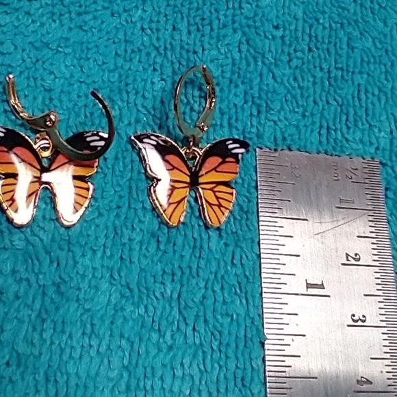 Goldtone black orange yellow butterfly pierced dangle wire earrings - Picture 2 of 3